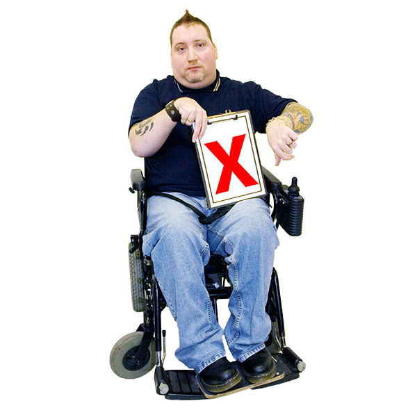 Person in a wheelchair holding a clipboard with a red 'X' symbol.