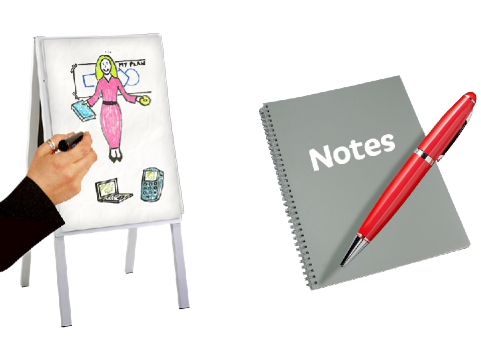 Somebody drawing images on a large easel. Next to this is a notebook with a pen on top