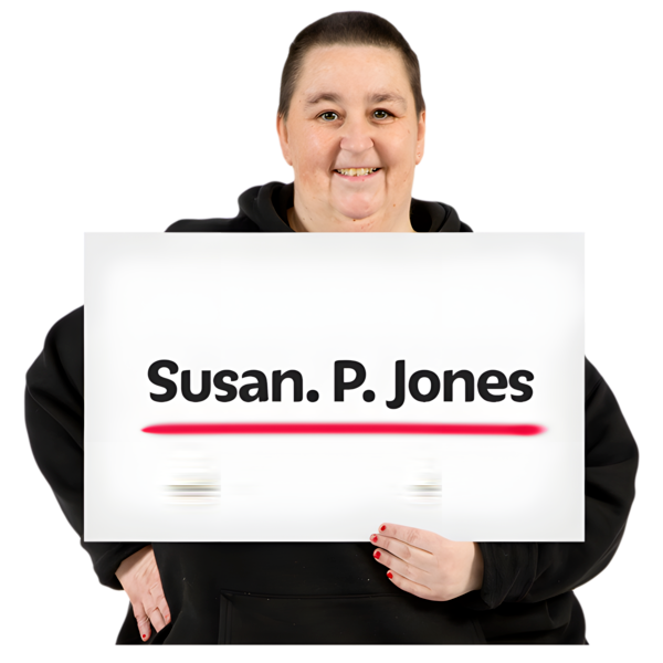 Person holding a sign with the name Susan. P. Jones and a red underline.