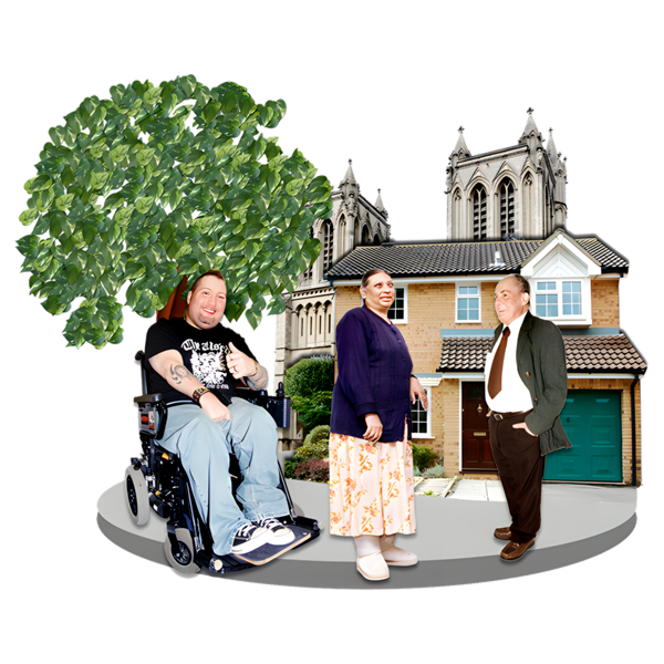 A group of people with a house and church in the background