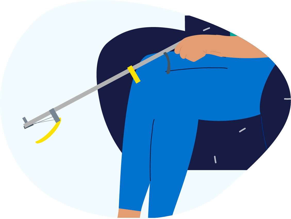 Person holding a long device with pincers on the end