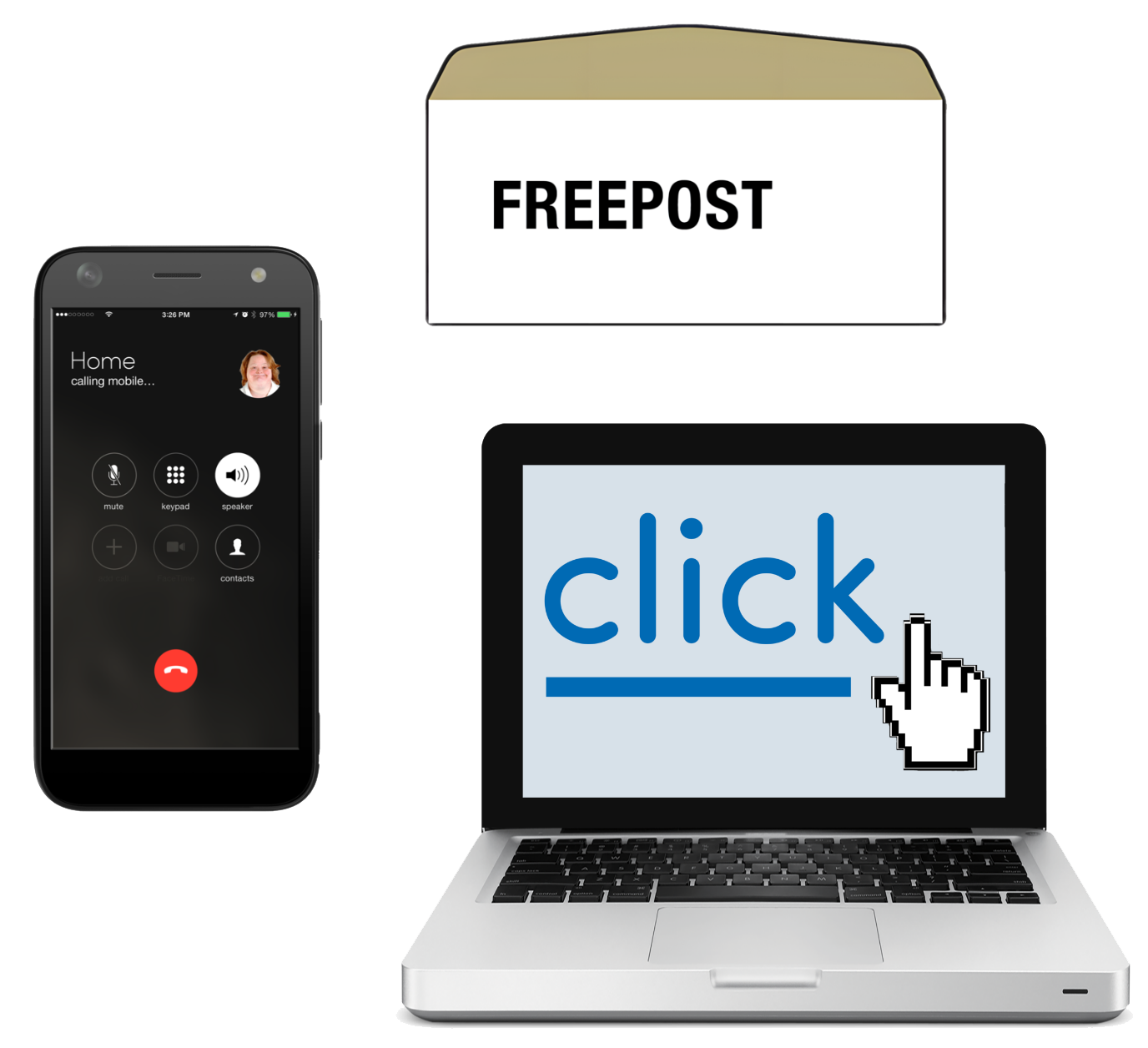 Laptop, mobile phone and an envelope with Freepost written on it