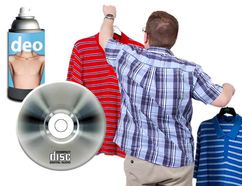 A person holding up clothes on hangers. Next to him is a can of deodorant spray and a music CD