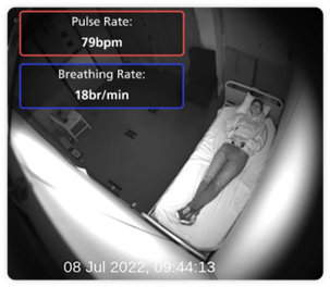 A person lying on a hospital bed. The Oxevision image also shows the pulse and breathing rate.