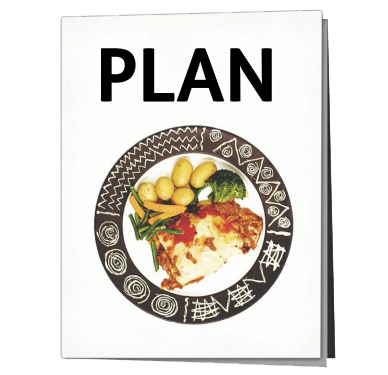 A booklet with the word Plan and a plate of food on the cover