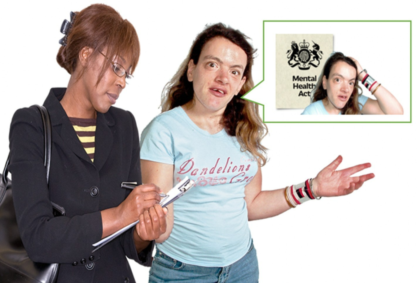 Two women standing next to each other. One is writing things down onto a notepad and the other is holding her hands out looking confused, and a speech bubble is pointing to a copy of the Mental Health Act.