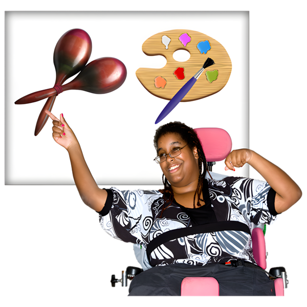 Person in a wheelchair pointing at maracas and a paint palette on a white background.
