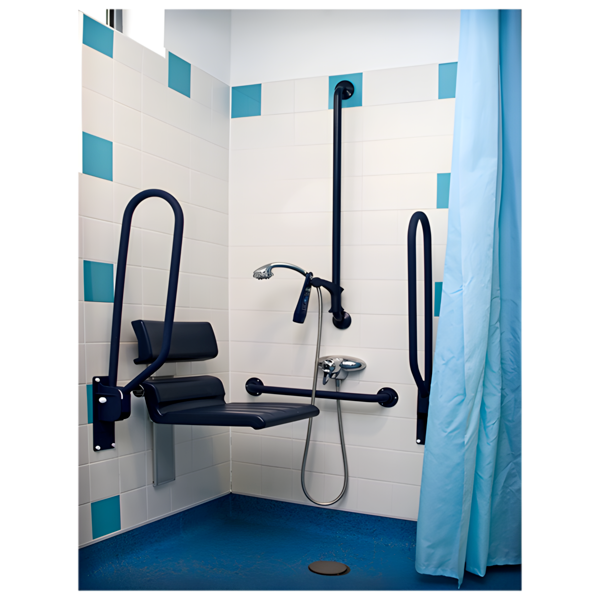 A walk in shower with a seat and support handles on the wall