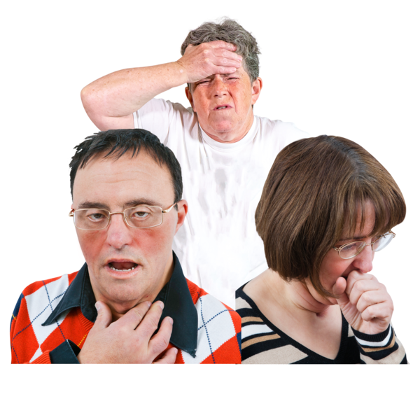 three people who look unwell - coughing, sore throat, headache