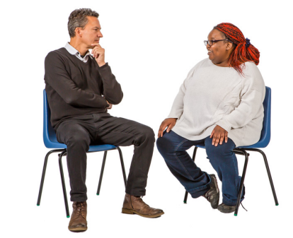 A man and a woman talking