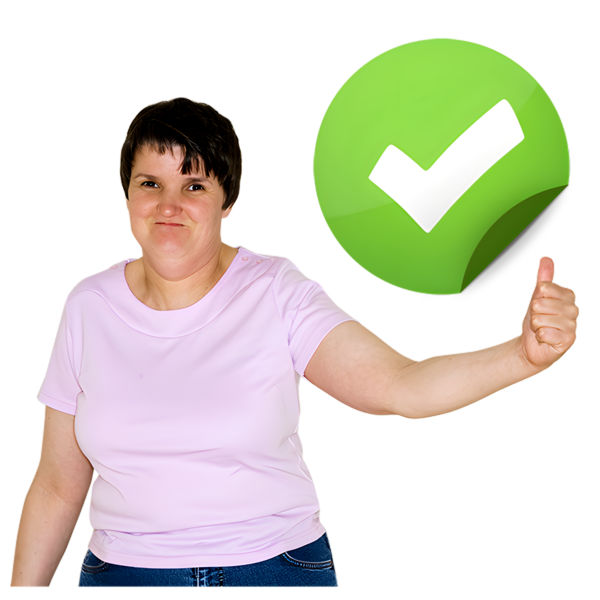 Person giving a thumbs-up with a large green checkmark symbol.