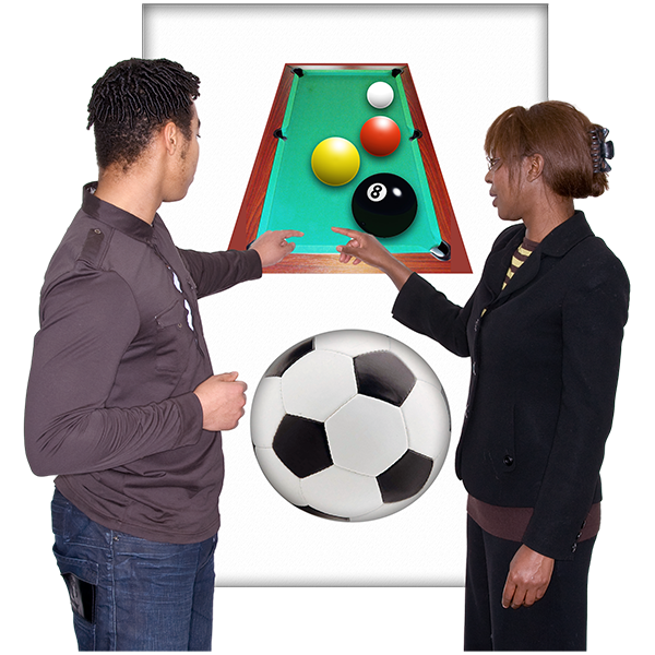 Two people in front of images of a pool table and football