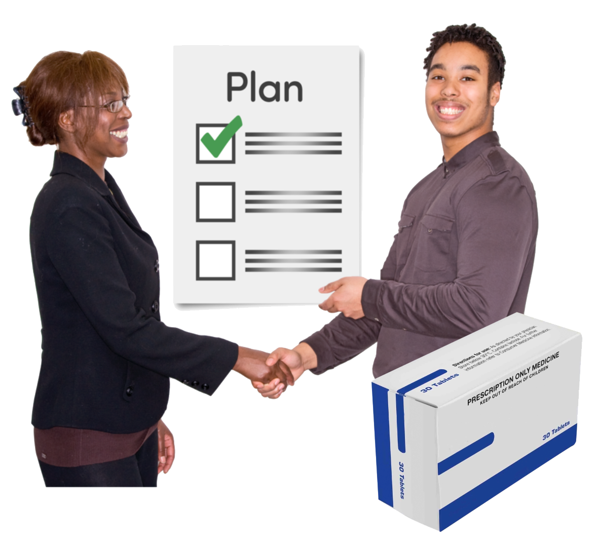 Two people shaking hands in front of medicine box and a document saying Plan
