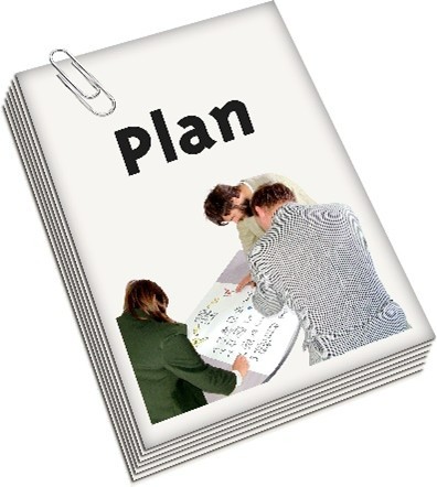 A large document with 'Plan' written on the front cover