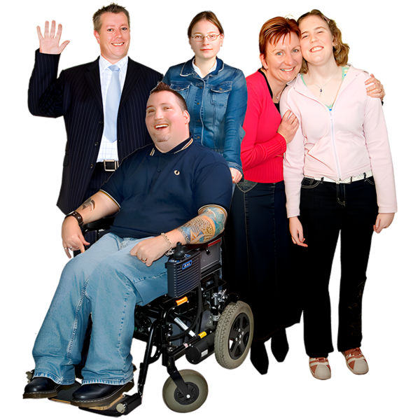 A diverse group of five people smiling, including a man in a wheelchair.