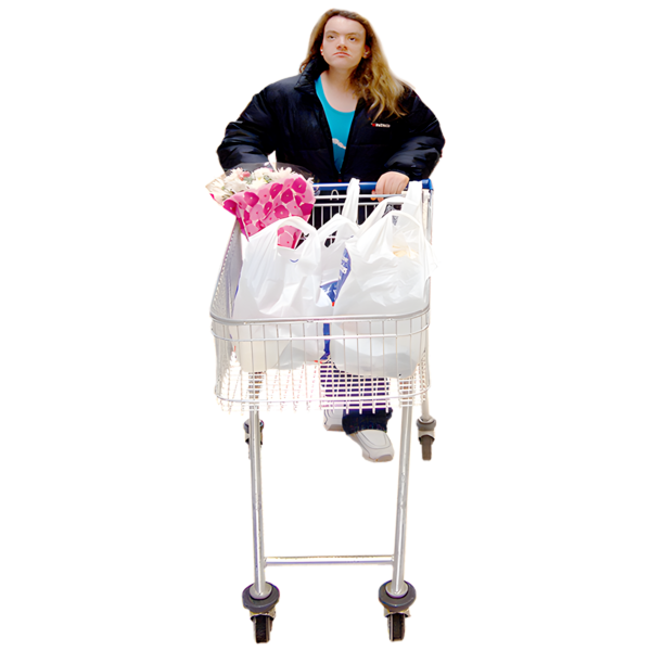 A person pushing a full shopping trolly