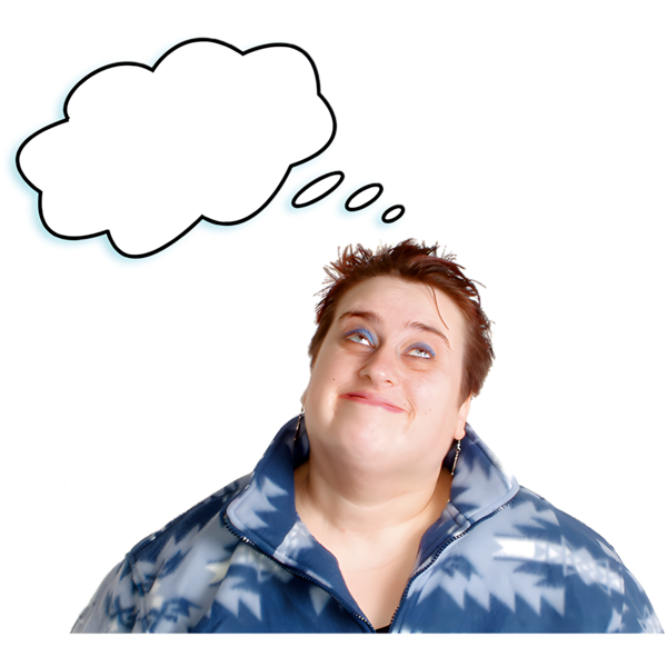 Person in a blue and white fleece jacket looking up with a thought bubble above their head.
