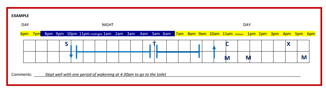 sleep chart showing time every hour from 6pm - 6pn for 24 hours, which show s symbols used in the sleep diary