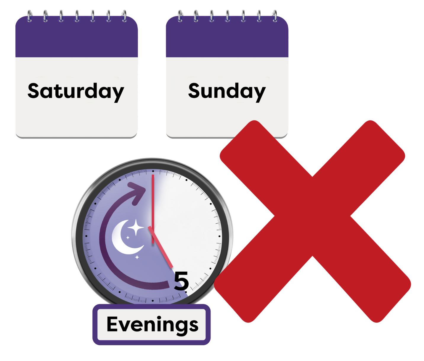 Calendar showing Saturday and Sunday and clock showing after 5pm with a red cross