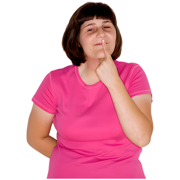 Person in a pink T-shirt pointing their index finger to their lips with a thoughtful expression.
