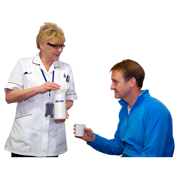 A nurse in a white uniform hands a bottle to a seated man holding a small cup