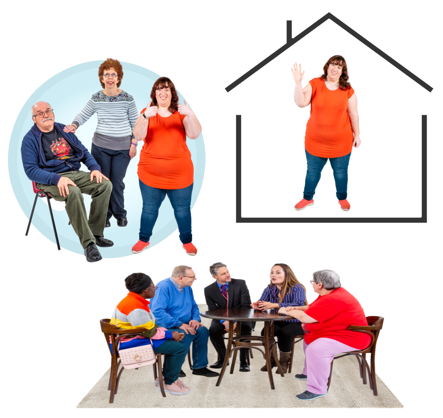 A person alone in their home, with their family and with a group of people in a meeting