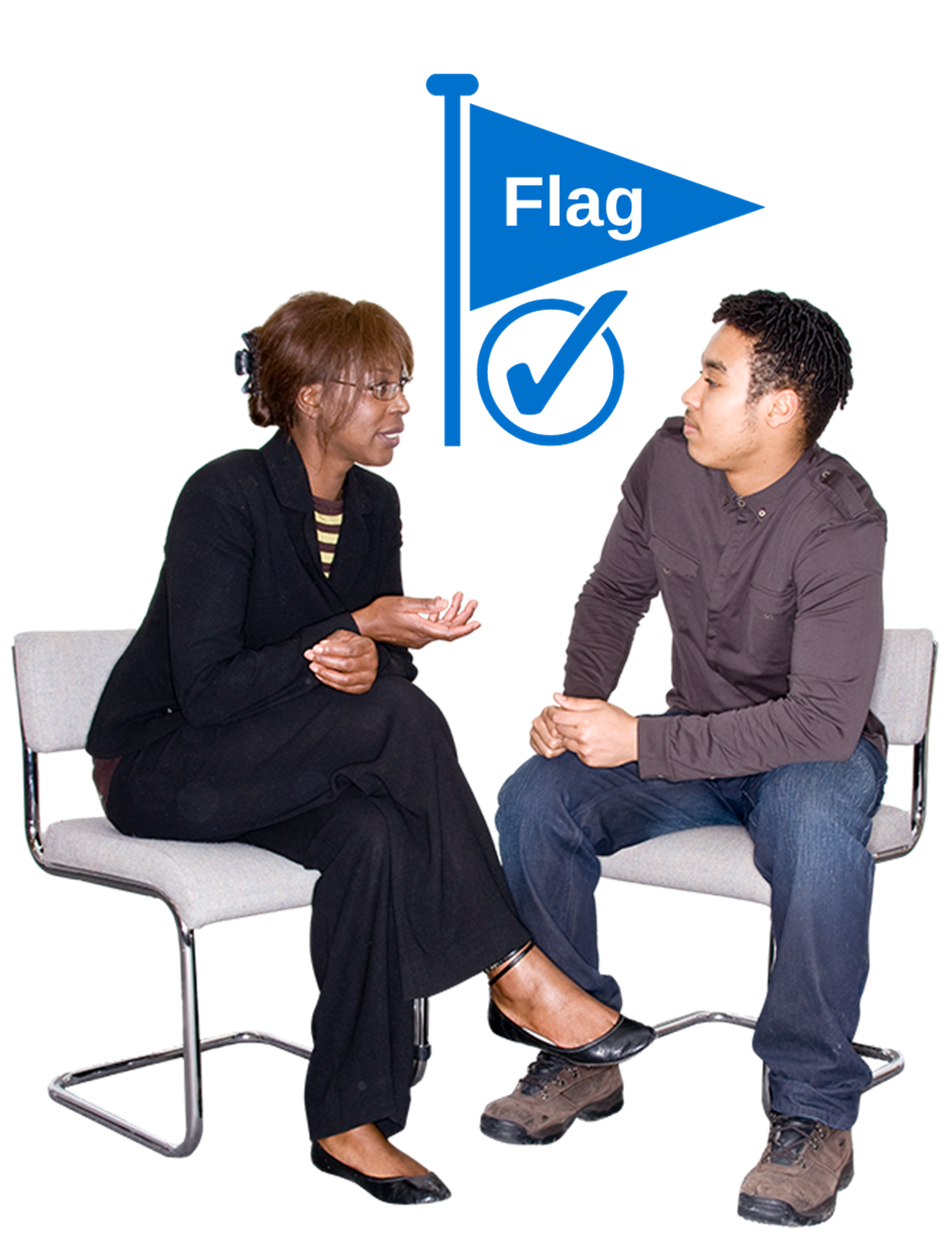 Man and woman talking. Blue flag icon and blue tick between them.