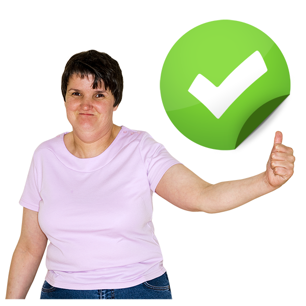 A person holding up her thumb, and green circle with a white tick