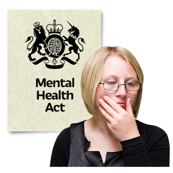 A document with Mental Health Act written on the cover. A woman is in front of the document looking confused.