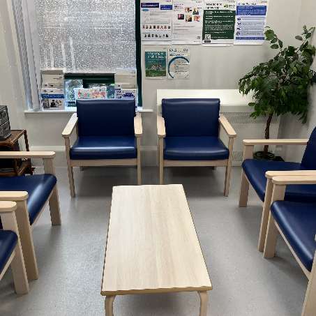 Waiting room with chairs and coffee table