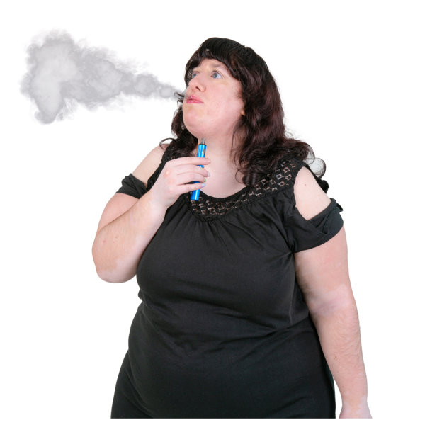 Woman blowing out vapor from a vaping device.