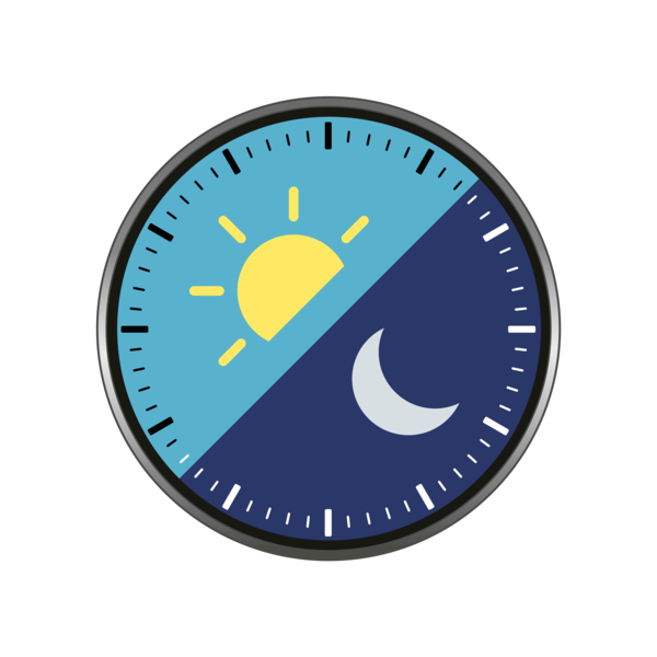 A clock showing night and day with sun and moon icons