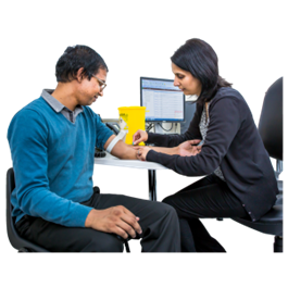 A GP taking a blood sample from a patients arm