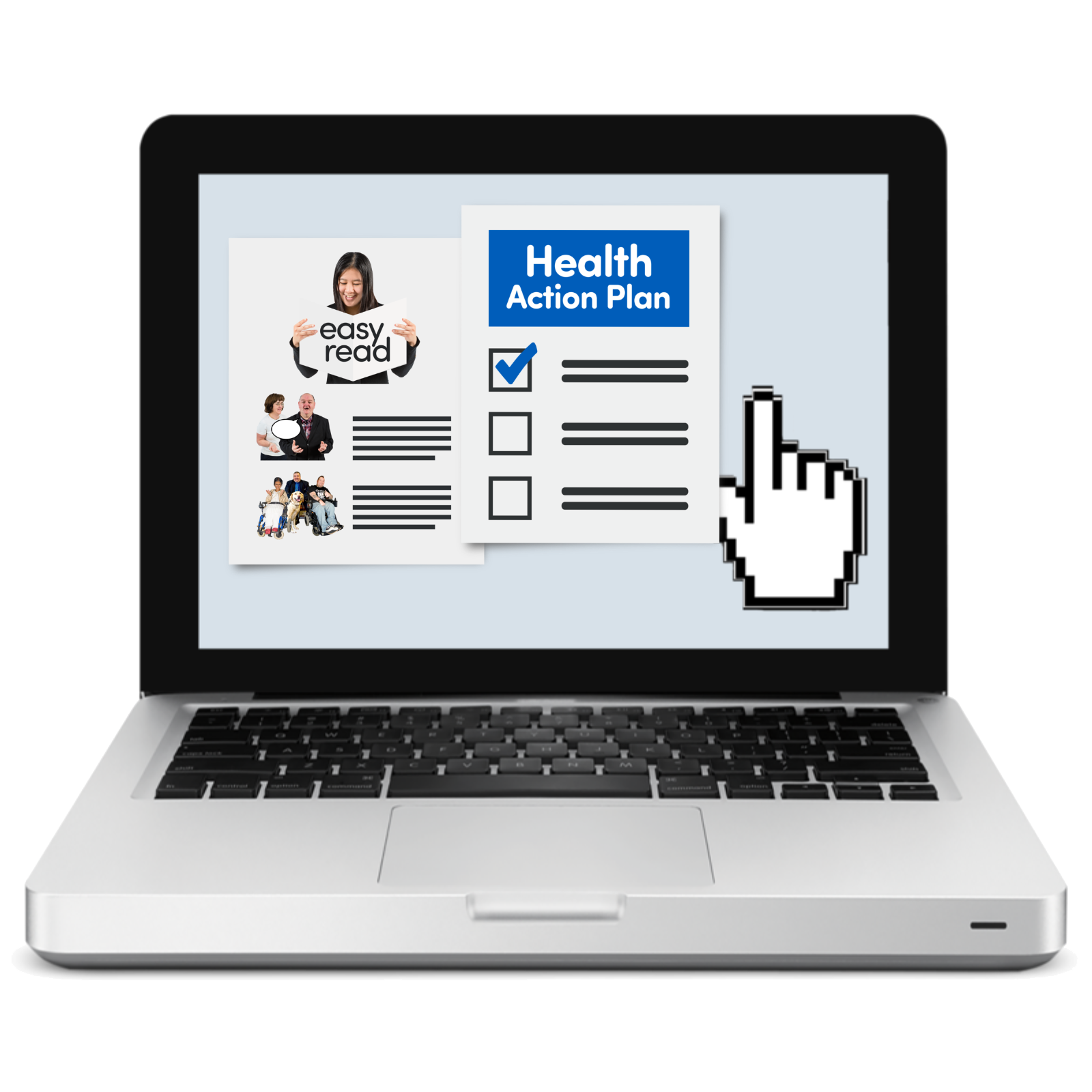 A laptop with easy read information and health action plan on the screen