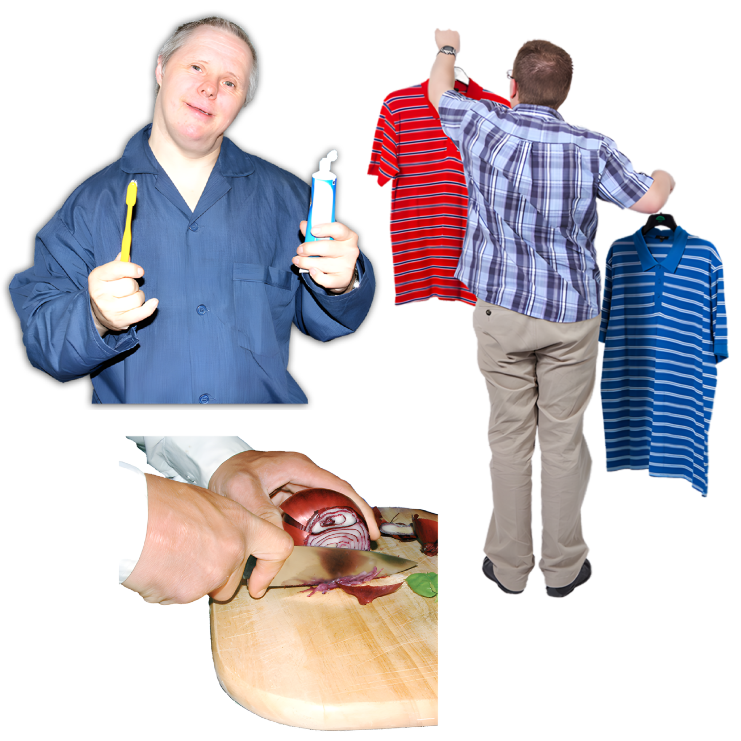 A man about to brush his teeth, a man choosing which shirt to wear and someone chopping onions