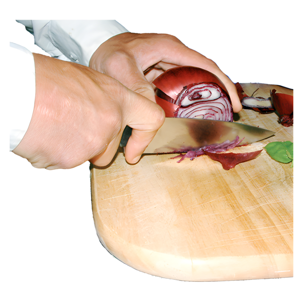 Someone chopping onions on a wooden chopping board