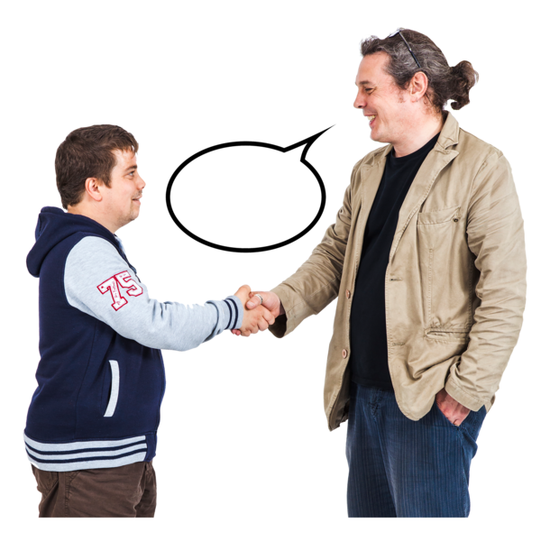 Two men shaking hands with a speech bubble above them.