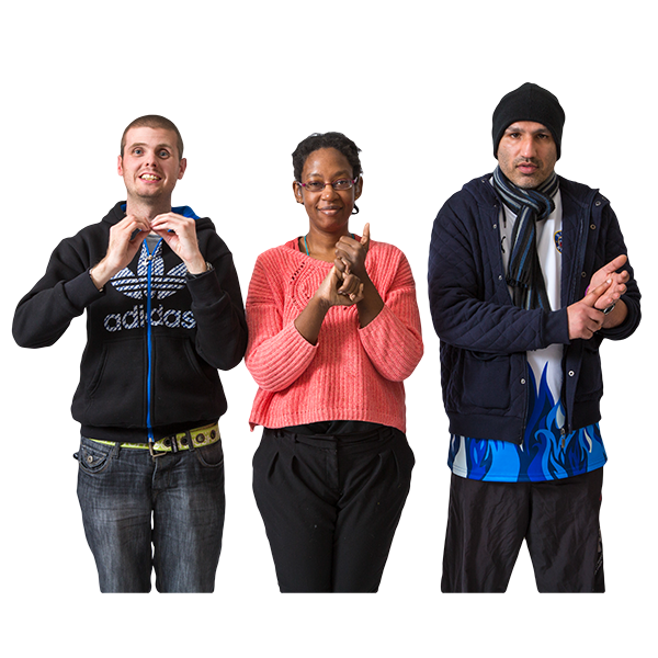 Three people in a row doing sign language