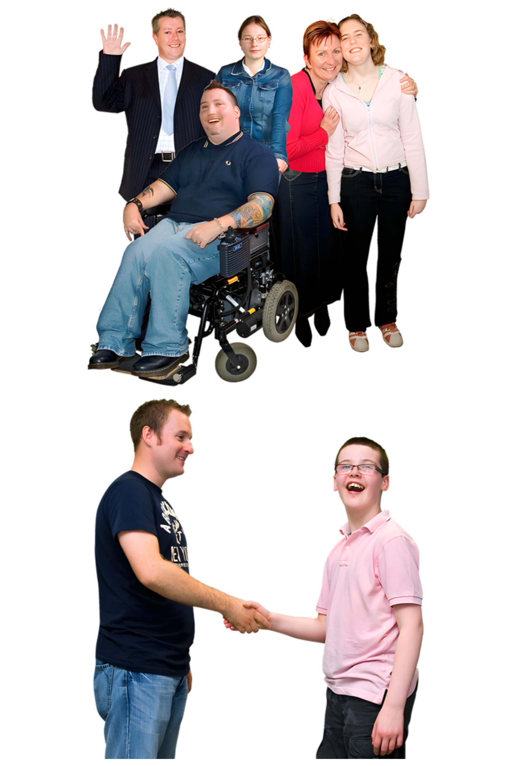 A diverse group of five people smiling, including a man in a wheelchair. Two smiling people shaking hands, one wearing a dark blue T-shirt and jeans, the other in a pink polo shirt and shorts.