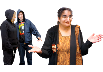 Person holding out their arms with people pointing behind