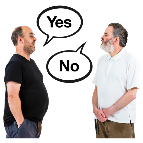Two people talking. In front of them are illustrated speech bubbles with yes and no inside them.
