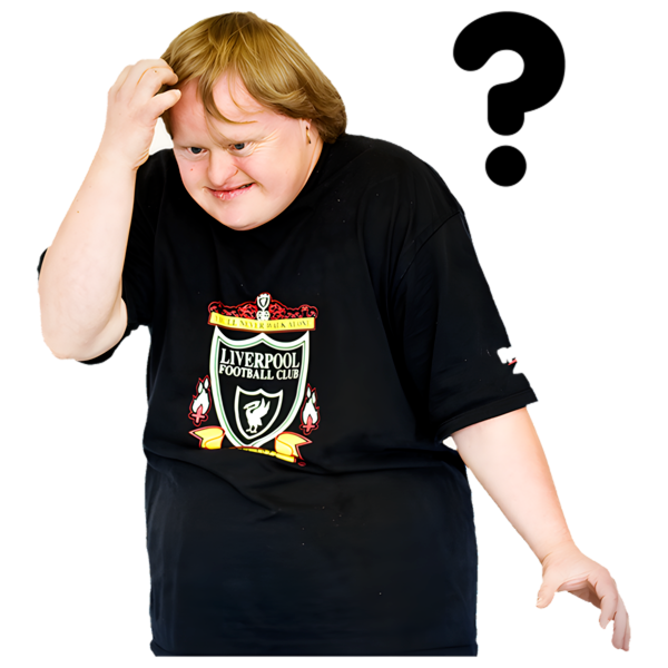 Person in a black Liverpool Football Club T-shirt scratching their head.