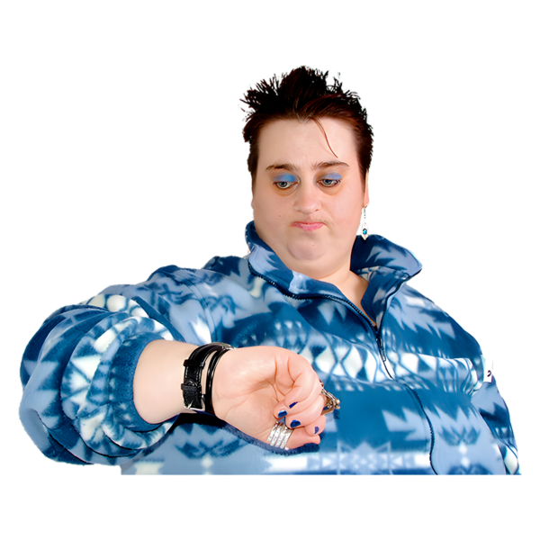 Person in a blue patterned jacket looking at their wristwatch.