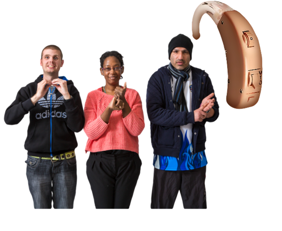 Three people signing and an image of hearing aid on the right of the photo