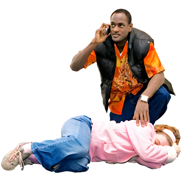 Person crouching and talking on phone while another person lies on the ground.