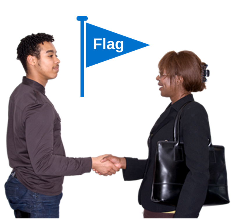A woman is shaking hands with a man. The blue flag icon is between them.