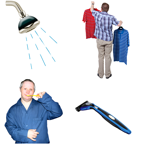 A group of images showing a shower, someone brushing their teeth, a razor and someone looking at clothes