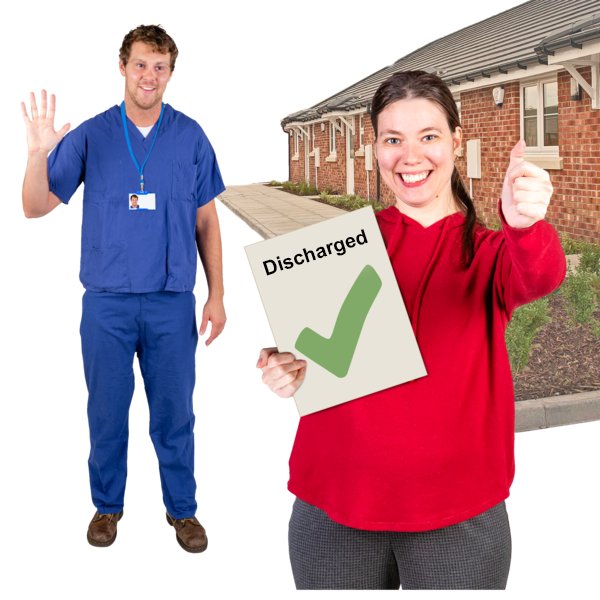 A nurse waving goodbye to a patient holding a document with a green tick