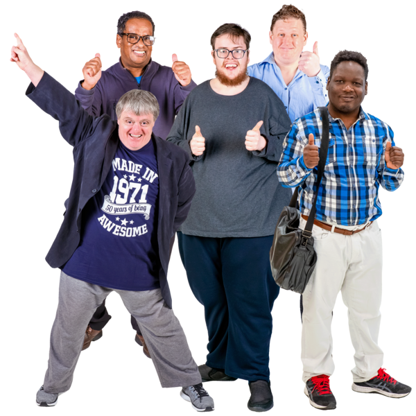 A group of people smiling and holding up their thumbs