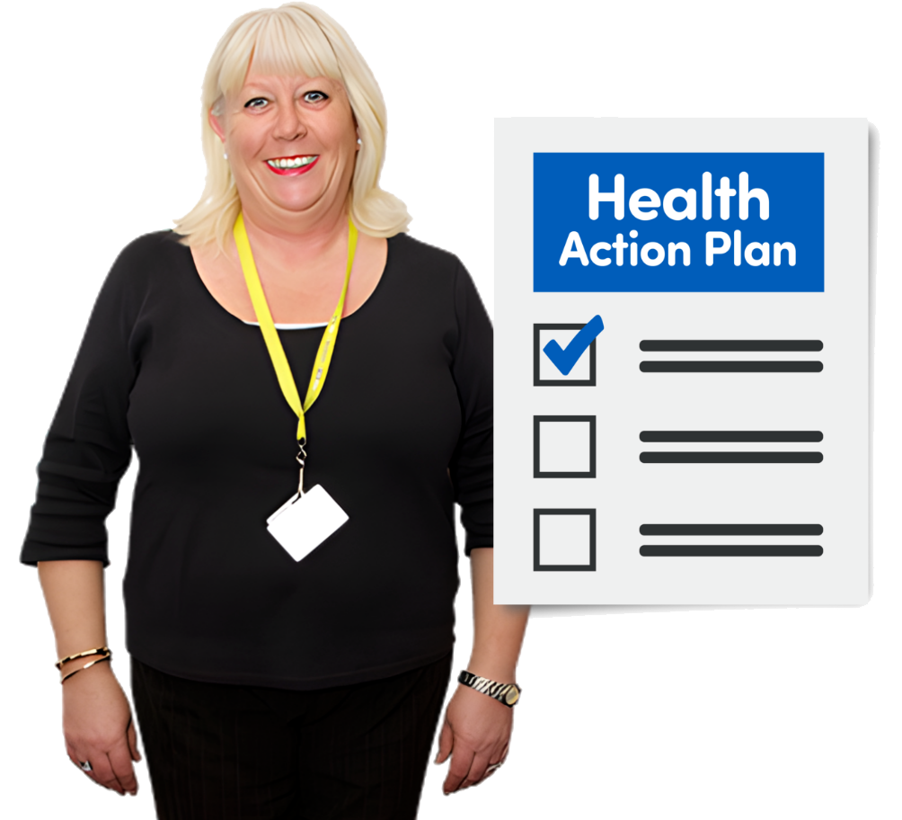 A care support worker standing next to a picture of a health action plan